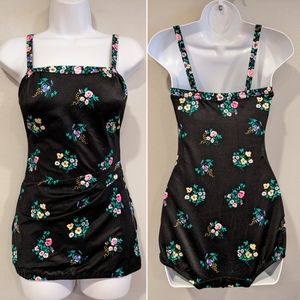 Vintage 70s Roxanne Perfect Fit pinup swimsuit sheath black floral one piece